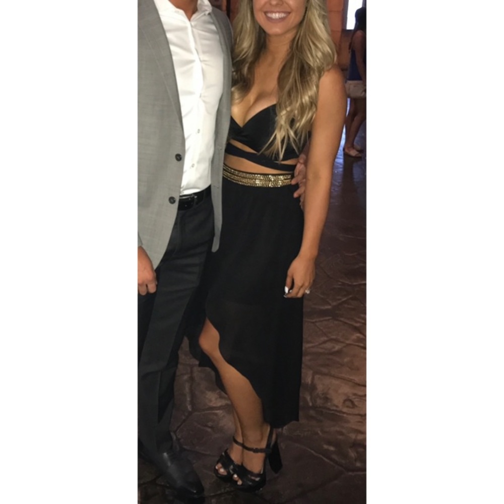 Black strappy dress with gold chains